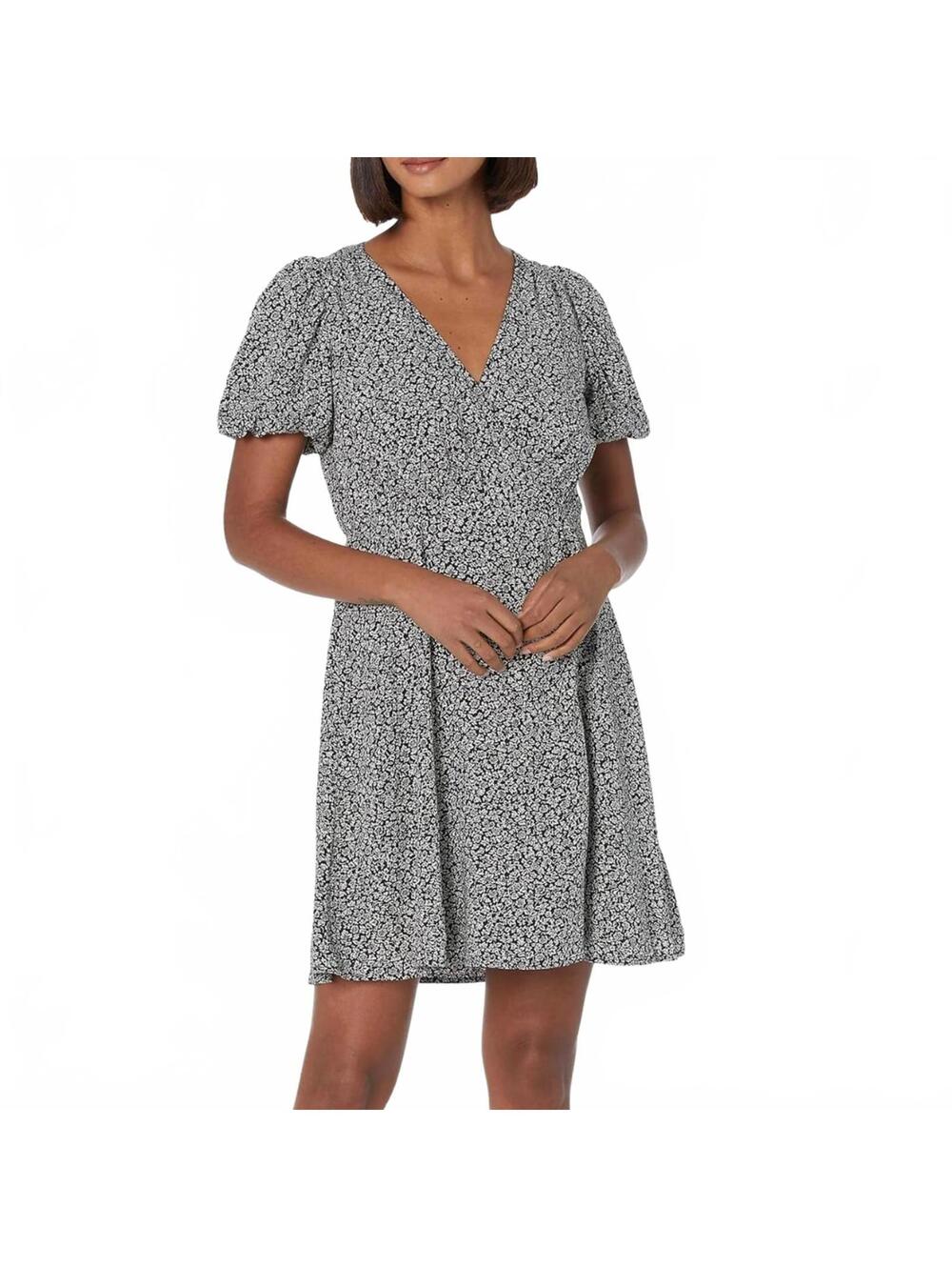Madewell Floral Faux Wrap Mini Dress Women sz 16 Black White Viscose Puff Sleeve